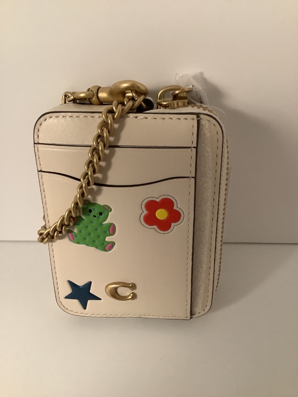 NWT Coach Essential Zip Card Case Wallet Sticker Print Brass & Chalk Leather - Picture 7 of 8